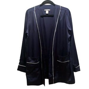 Victoria’s Secret Satin-Like Navy Blue Pink Trim Jacket Style Robe Size Medium